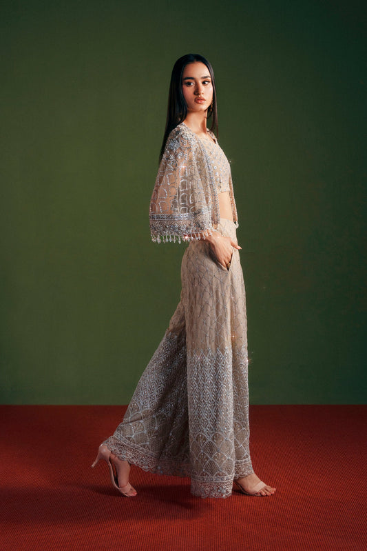 Huma Bajwa Pakistani cape trouser 3 piece outfit front view