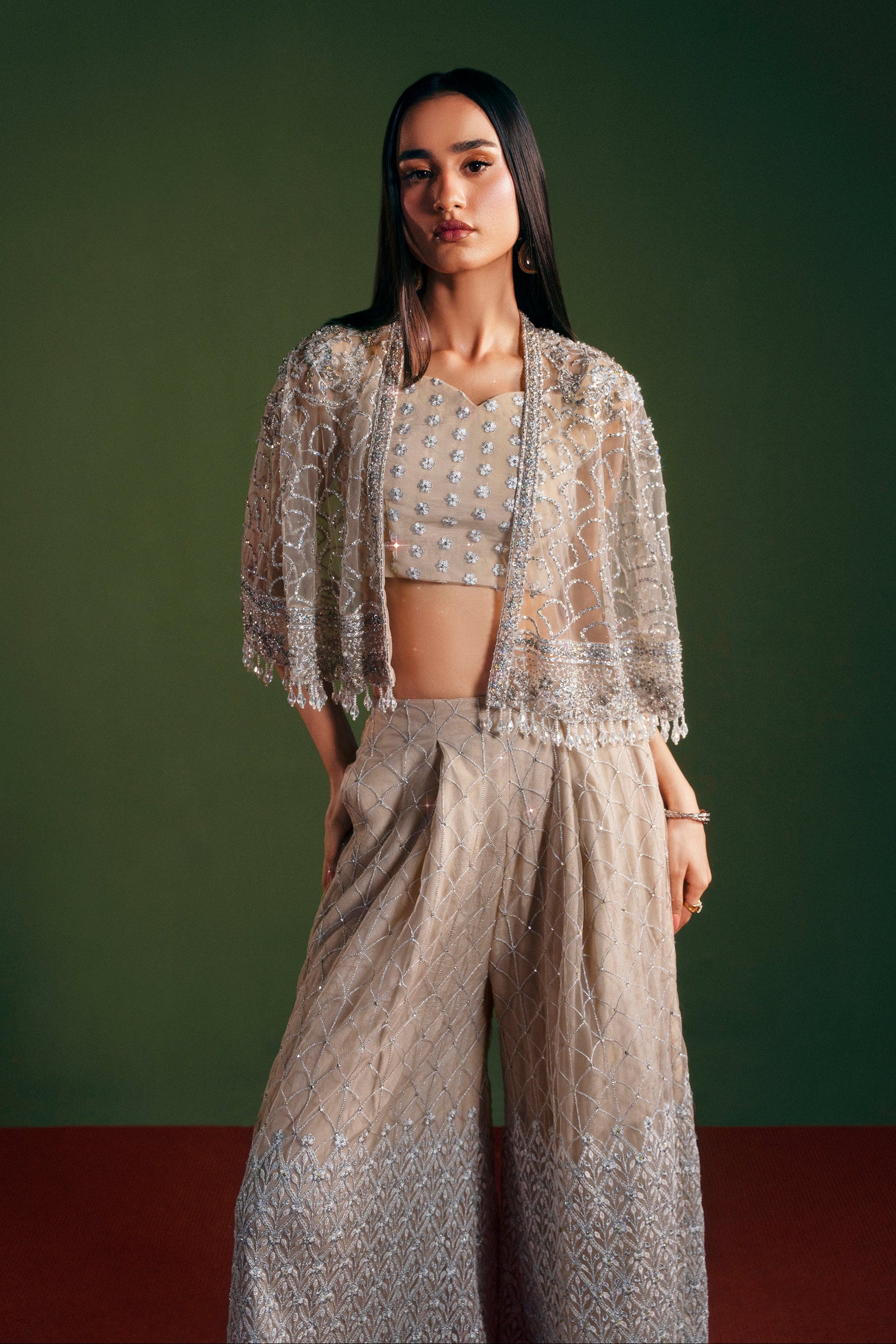 Pakistani cape trouser 3 piece outfit by Huma Bajwa designer wear