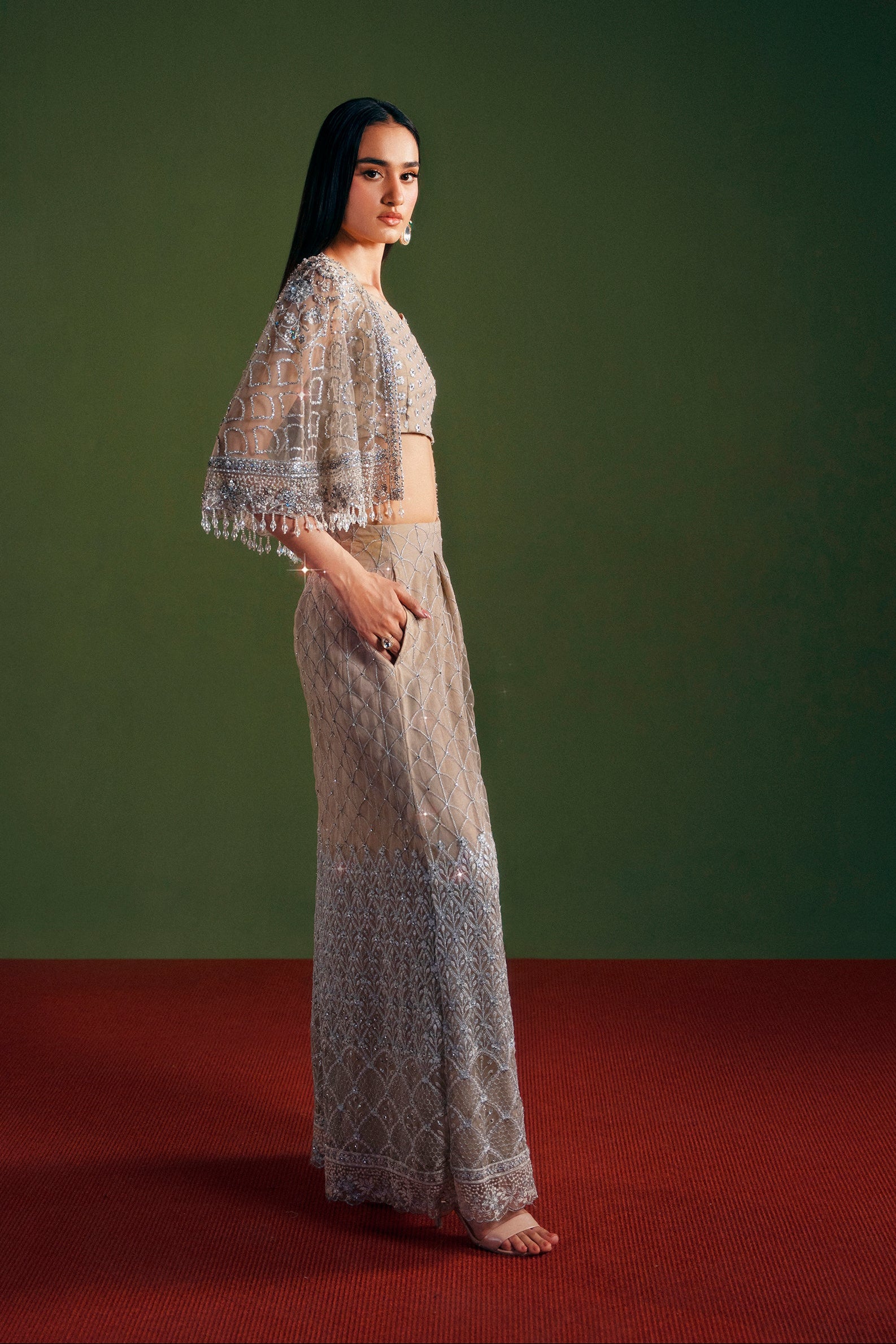 Pakistani cape trouser 3 piece outfit elegant silhouette