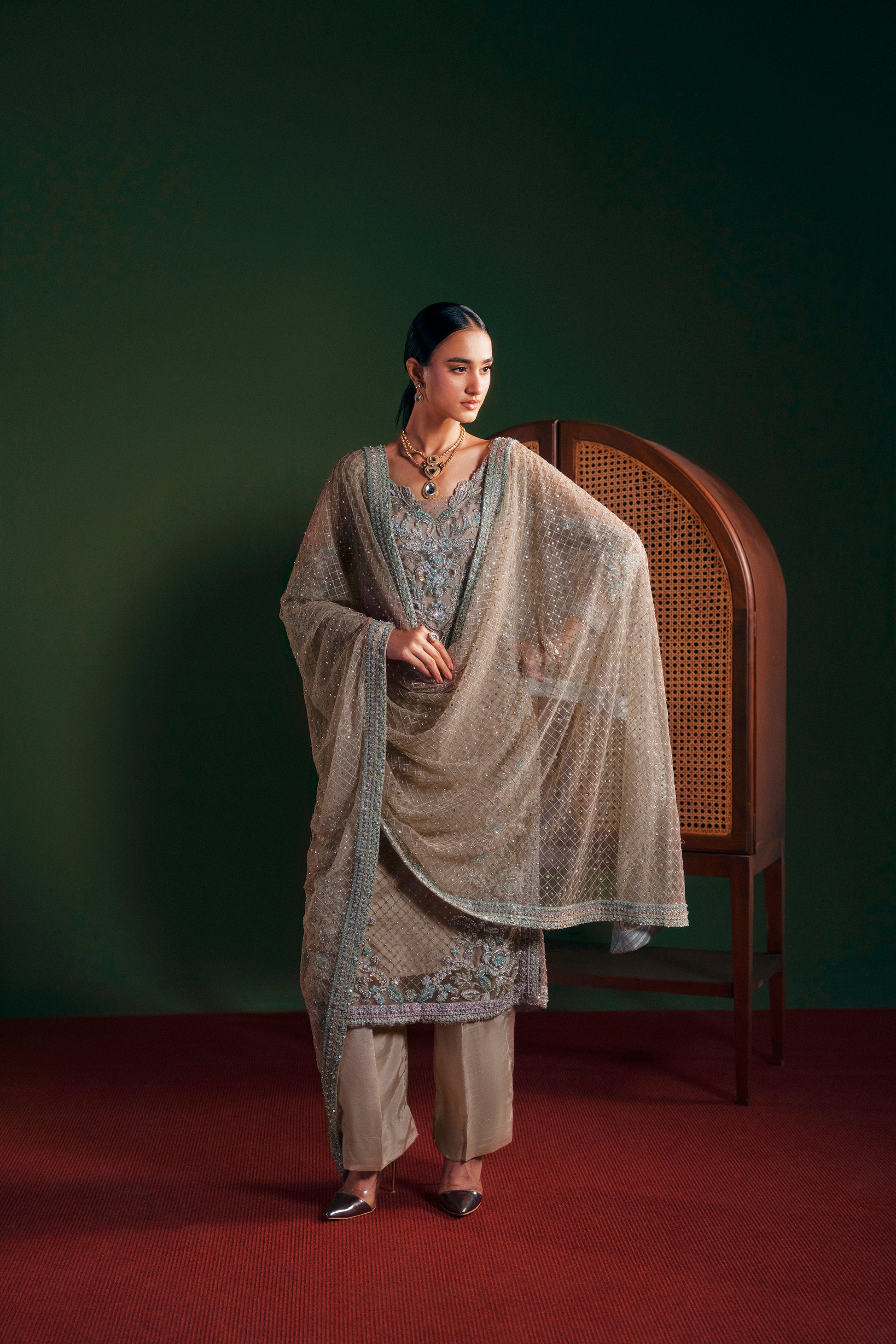 Pakistani formal shirt trouser 3 piece suit elegant silhouette