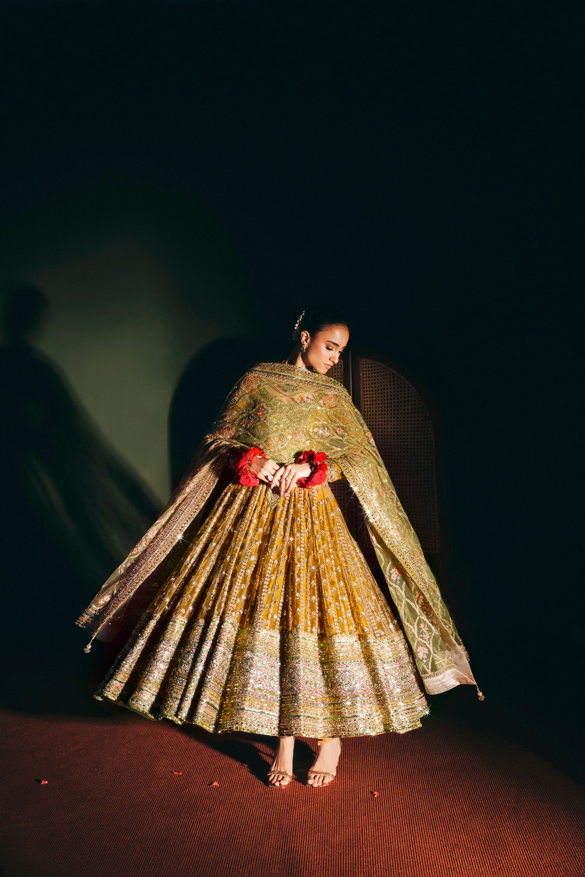 model wearing long shirt 3-piece outfit for weddings