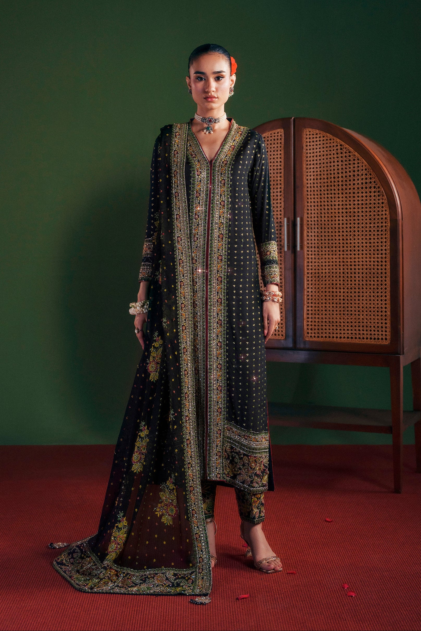 Midnight Blooms long shirt 3 piece luxury silk outfit