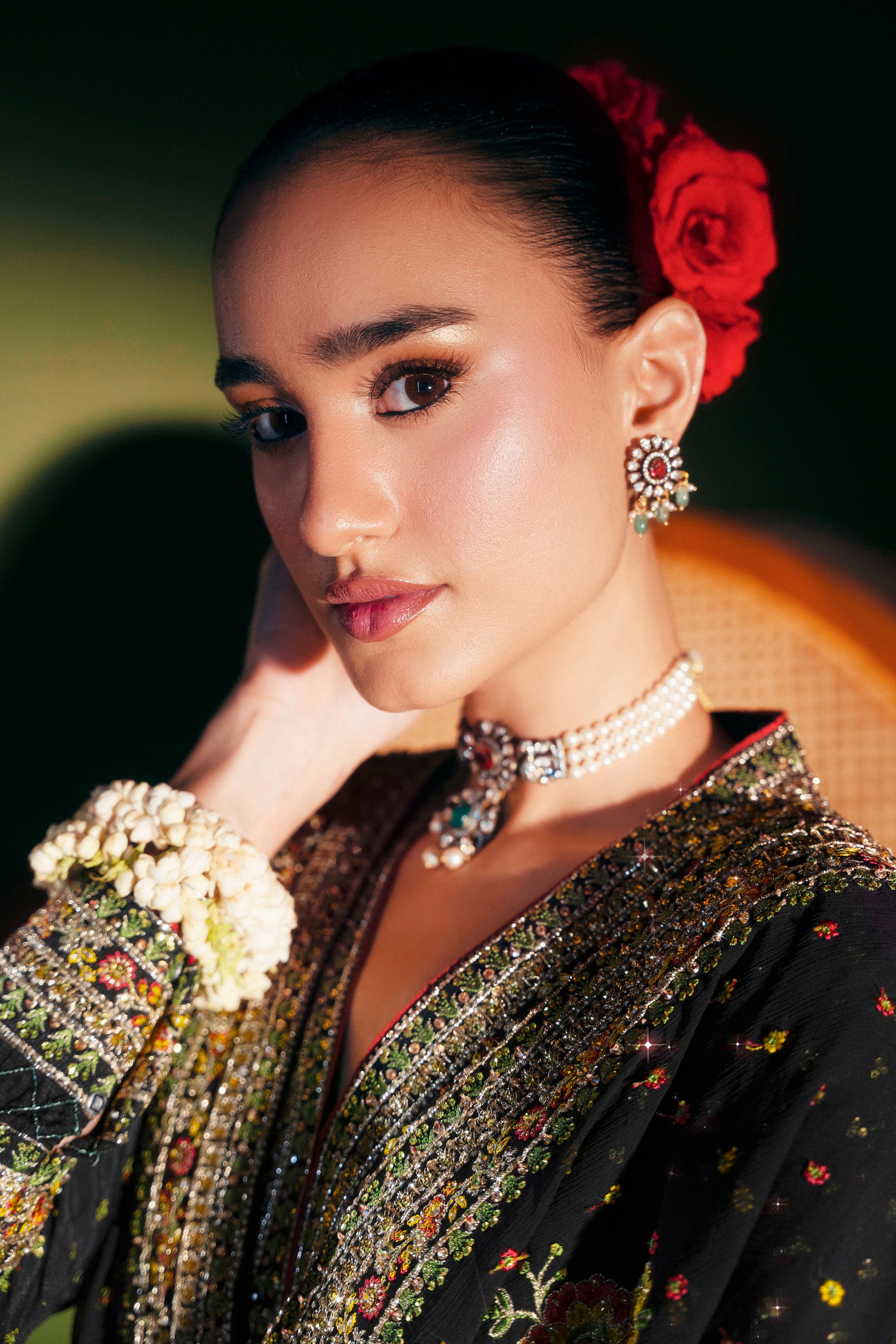 Model wearing Midnight Blooms luxury ensemble formal outfit